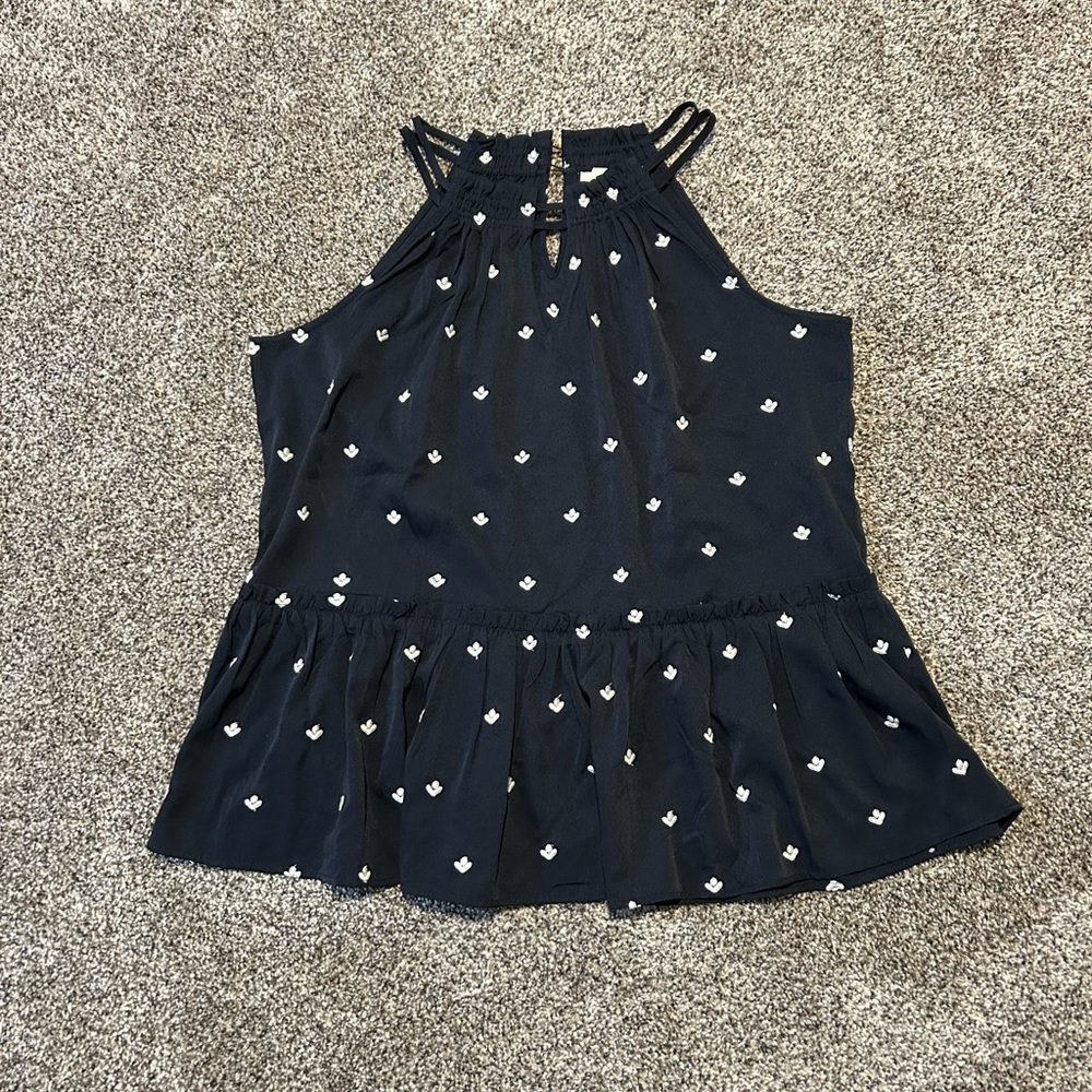 LOFT Navy Blue Halter Peplum Top with White Embroidery
